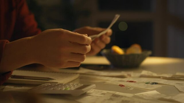 In a dimly lit room, a person is focused on calculations, holding notes and a calculator, surrounded by snacks. The atmosphere suggests late-night planning or budgeting