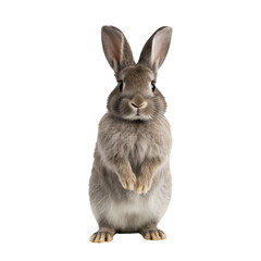 Fototapeta premium Adorable Grey Bunny Rabbit Waving Paw Easter Pet Animal Wildlife lapin gris debout sur ses pattes arrières et qui dit bonjour fond transparent - illustration IA