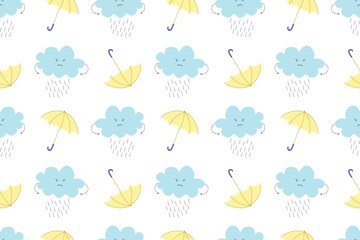 Ornament of environment. Rainy blue cloud frowns and is unhappy,  bright yellow umbrella. Beautiful seamless pattern for textiles, wrapping paper, background, wallpaper. White backdrop.