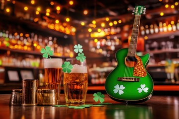 Festive St. Patrick's Day Celebration with Green Guitar, Beer, and Shamrocks in a Lively Irish Pub Atmosphere