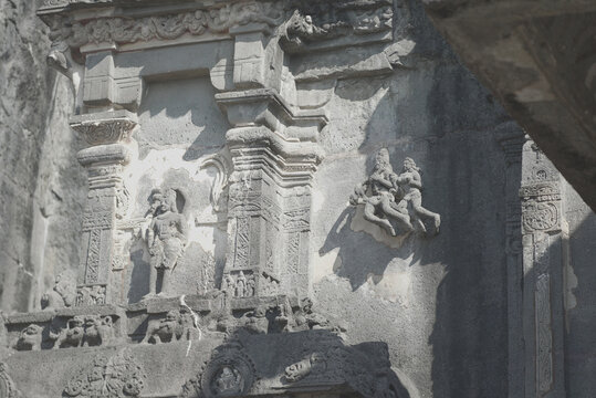 Ellora Caves in Maharashtra India, which is a UNESCO World Heritage Site, are the world's largest monolithic excavation of 34 Hindu, Buddhist and Jain temples carved into a basalt cliff. 