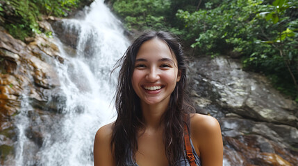 Fototapeta premium Waterfall repelling, ecotourism adventure, ecotourism vacation thrill, ecotourism volunteer safety assistance. 