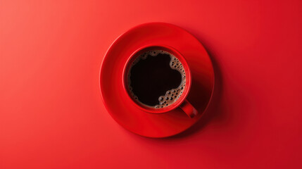 vibrant red cup of coffee sits on matching saucer against bold red background, creating striking visual contrast