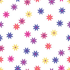 A vibrant Colorful floral seamless pattern, geometric flowers on white background.