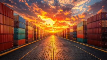 Fototapeta premium Sunset over Shipping Containers: Global Trade and Transportation