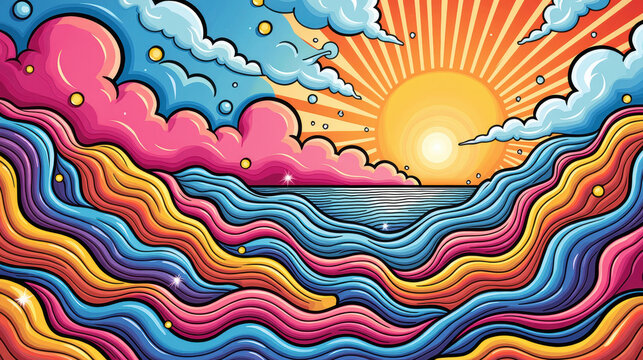 Colorful waves and vibrant clouds under bright sun create joyful scene. artwork captures essence of lively ocean view