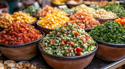 Fototapeta premium Vibrant Market Display of Fresh Vegetables, Spices, and Legumes in Traditional Pottery Bowls During a Sunny Afternoon