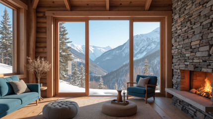 Fototapeta premium Cozy mountain cabin interior with large windows showcasing snowy landscape