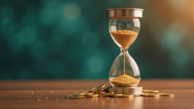 hourglass filled with golden sand sits on wooden table surrounded by coins, symbolizing passage of time and wealth