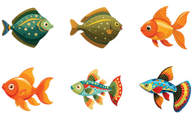 Fototapeta premium A set of six vibrant and stylized cartoon fish illustrations featuring diverse shapes, colors, and patterns.