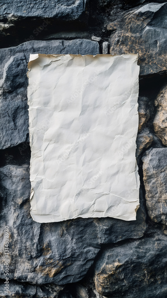 Poster crumpled blank paper sheet placed on a stone wall background, creating a contrast between rough and 