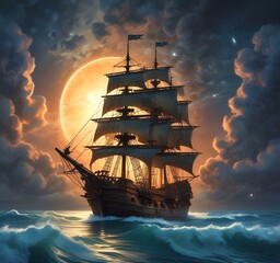 Fototapeta premium Illustration of medieval ship in ocean.