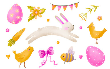 Easter clipart with bunny hare rabbit, chick carrot bow and easter eggs. Hand drawn spring holidays illustration