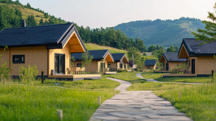 Obraz premium A modern eco-friendly village featuring wooden cottages at the foot of a hill, offering a scenic summer landscape with a stone path leading to charming rural homes