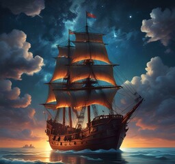 Fototapeta premium Illustration of medieval ship in ocean.