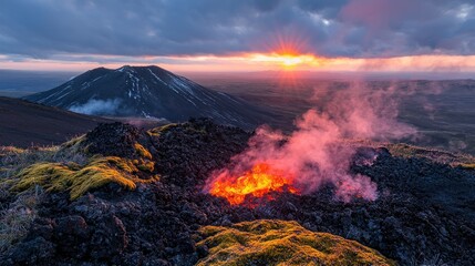 Fototapeta premium Volcanic Sunset Lava Flow and Mountain Vista