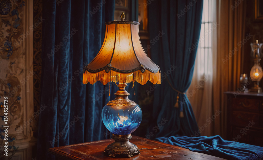 Poster lamp with a blue glass base sits on a table in a room with blue curtains. the lamp is lit, creating 