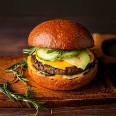 Juicy hamburger on a rustic wooden background fastfood and foodtruck food with good quality 