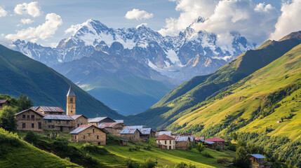A scenic view of Adishi, a charming village in Upper Svaneti, Georgia, set against the backdrop of the breathtaking Caucasus Mountains