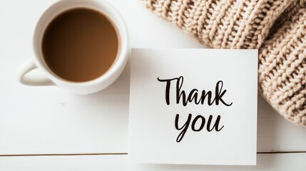 Warm Gratitude with Coffee and Comfort: An inviting scene featuring a card with "Thank You" elegantly written, accompanied by a steaming cup of coffee and a cozy knitted scarf.