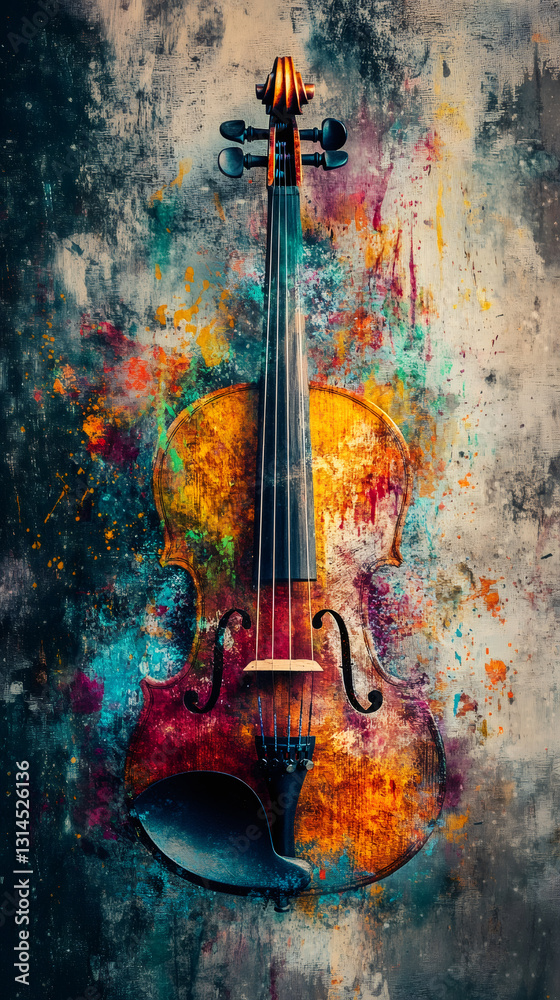 Aufkleber colorful violin hangs on a splattered wall, creating a vibrant blend of music and artistic expressio