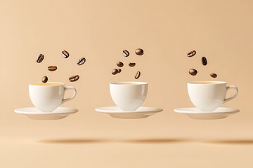 Obraz premium Floating Coffee Cups with Coffee Beans