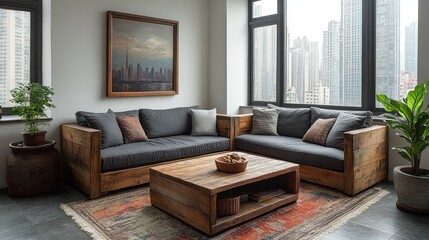 Obraz premium Modern City View Living Room with Rustic Sofa