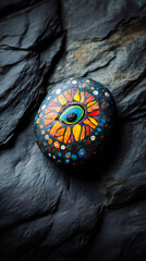 Obraz premium Vibrant eye and sunburst painted on black stone, symbolizing spiritual connection against slate-gray surface