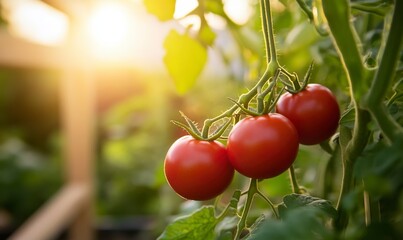 Sun-Kissed Tomatoes: Ripe, vibrant tomatoes hang on the vine, bathed in warm sunlight, against a blurred background of garden greenery, evoking freshness and natural abundance.