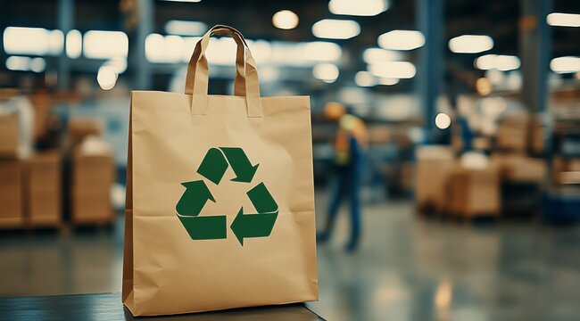 Eco-Friendly Delivery: A brown paper bag with the universal recycling symbol stands prominently in an industrial setting, symbolizing sustainability and environmentally conscious practices.