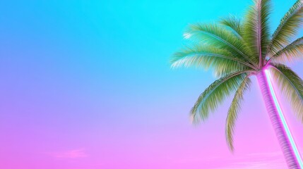 Pixel Art Palm Tree at Sunset, Pink and Blue Gradient Sky