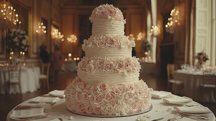 Elegant tiered wedding cake adorned with delicate flowers and intricate frosting designs.