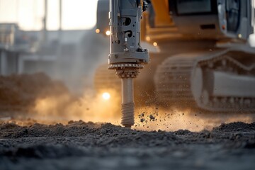 Industrial Drilling: An close-up shot captures an industrial drill bit penetrating the earth, showcasing power and precision on a construction site.