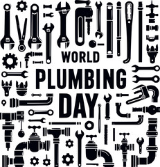 World Plumbing Day Tools and Pipes Vector Illustration

