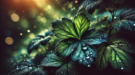 Radiant emerald leaves shimmering under the warm golden sunlight in a thriving forest, bathed in the soft glow of the late afternoon