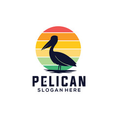Pelican bird logo with sunset background