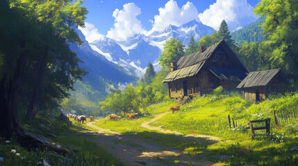 Fototapeta premium Old mountain houses bask in the warmth of a summer day, surrounded by natureâ€™s beauty
