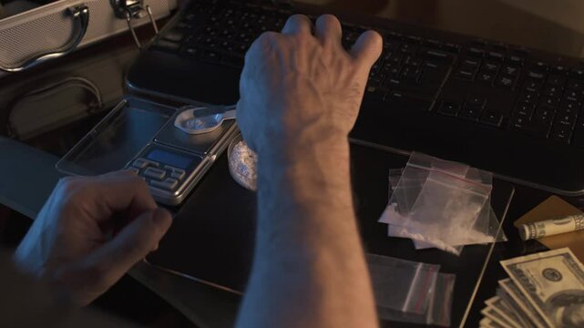 Drug dealer weighing and packing powder at his workplace.
