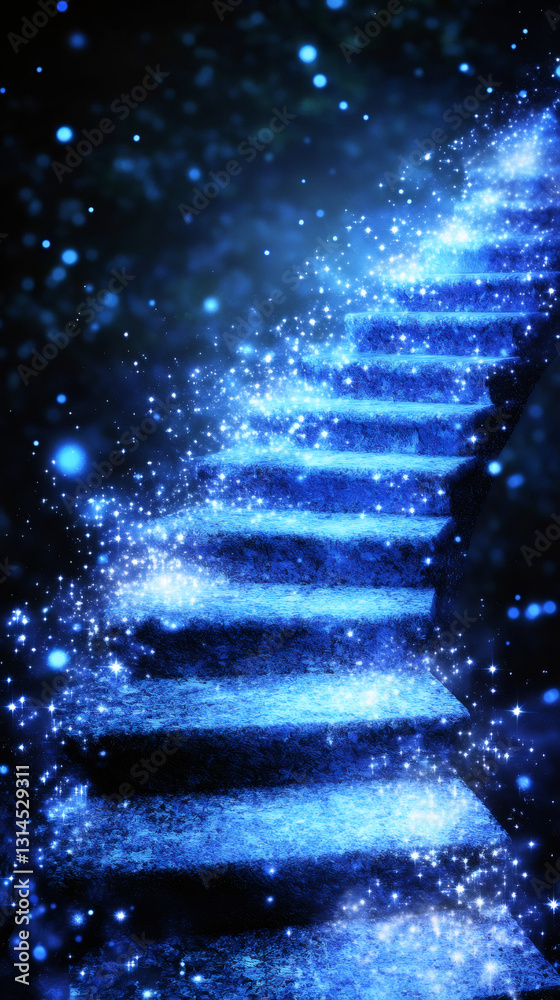 Poster magic stairs with blue glowing particles going up to a dark, starry sky, creating a mystical and enc