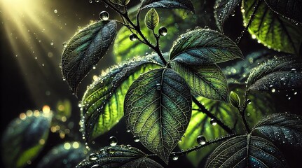 Radiant emerald leaves shimmering under the warm golden sunlight in a thriving forest, bathed in the soft glow of the late afternoon