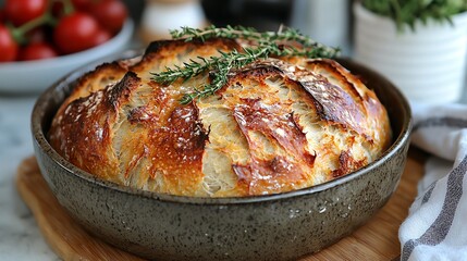 Freshly baked artisan bread with a crispy crust and fragrant herbs on top.