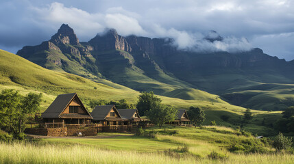 The Drakensberg Mountains in South Africa provide a stunning backdrop for a lodge nestled in the Central Drakensberg region of KwaZulu-Natal, surrounded by lush green peaks