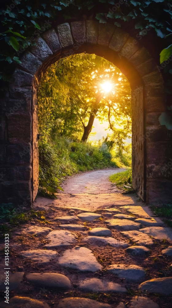Poster Sun shining through trees at the end of a cobblestone path beyond an old stone archway covered in ivy