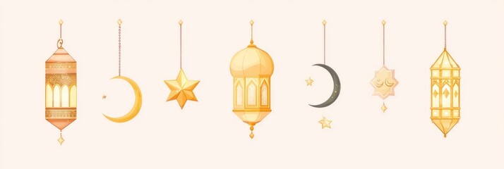 Elegant lanterns, crescent moon, and stars creating a festive atmosphere for ramadan or eid al-fitr celebrations	
