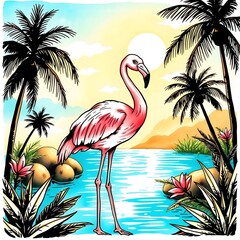 Tropical Serenity with Flamingo in Turquoise Waters