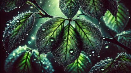 Radiant emerald leaves shimmering under the warm golden sunlight in a thriving forest, bathed in the soft glow of the late afternoon