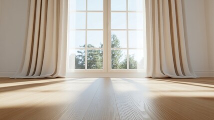 Serene Interior Scene: A bright, inviting interior featuring a large window with natural light streaming through, casting soft shadows on the polished wooden floor.