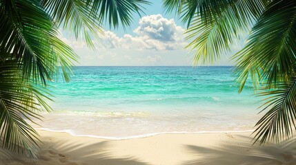 Tropical bliss a serene beach framed by lush palm fronds