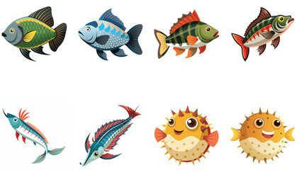 Obraz premium A collection of diverse cartoon fish illustrations
