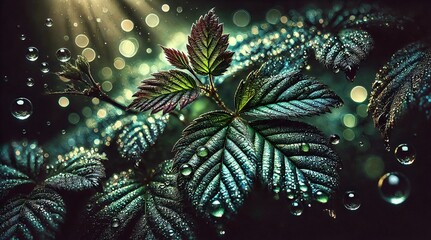 Radiant emerald leaves shimmering under the warm golden sunlight in a thriving forest, bathed in the soft glow of the late afternoon